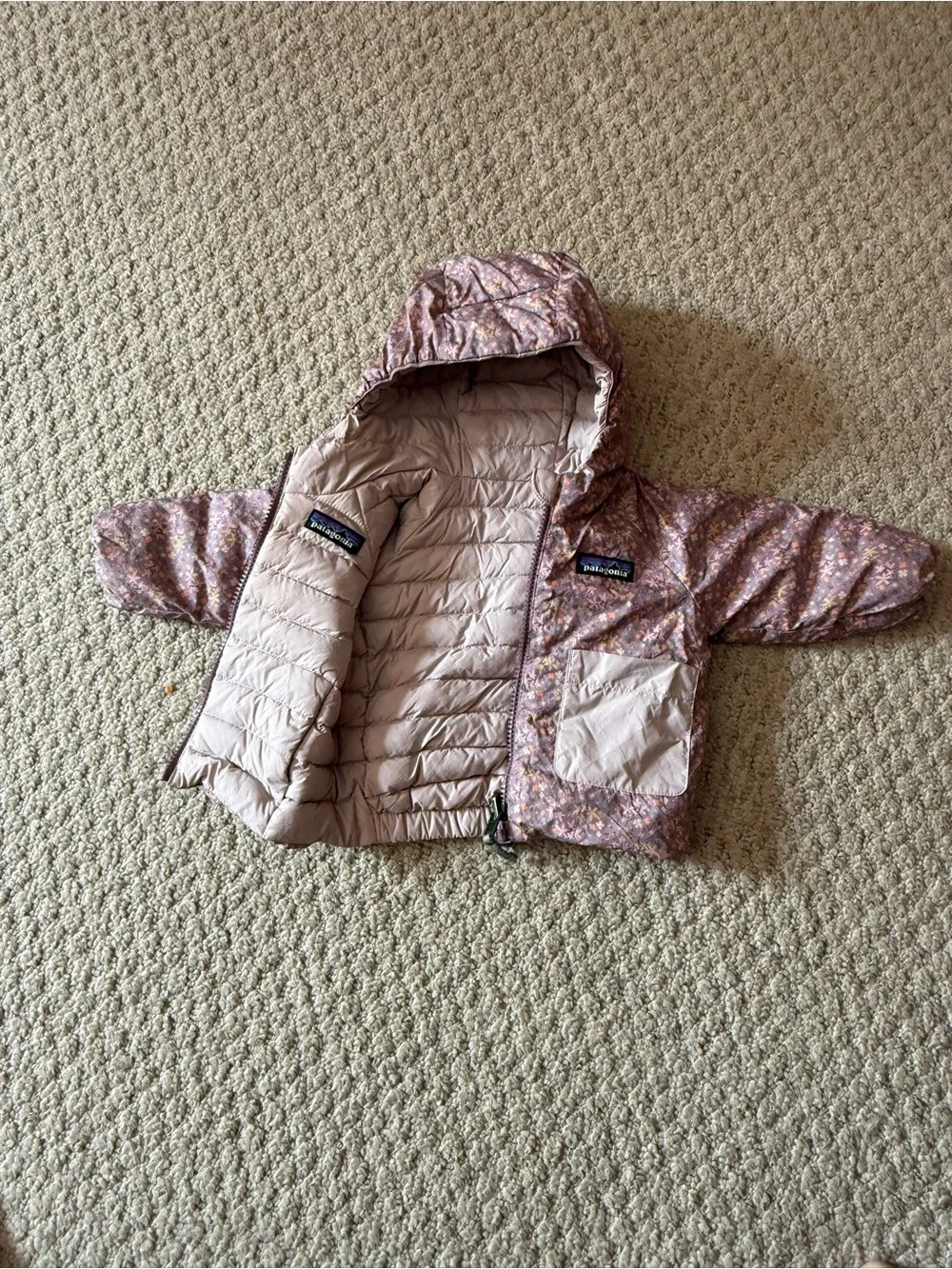 Patagonia Pink Floral Hooded Puffer Jacket with Cream Pockets